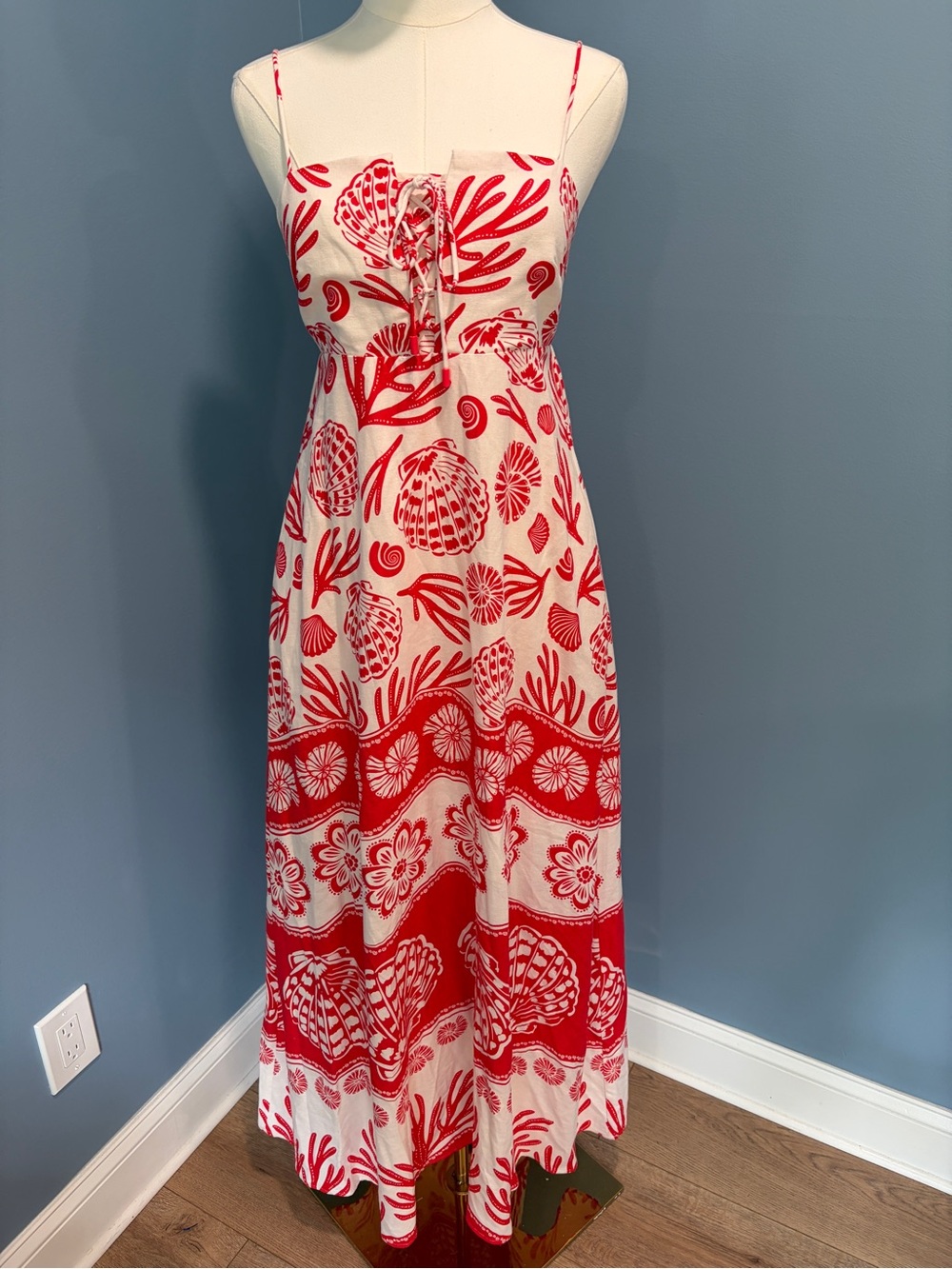 Calypso St. Barth Red White Seashell Linen Blend Maxi Dress Small Coastal NWT - Picture 3 of 11
